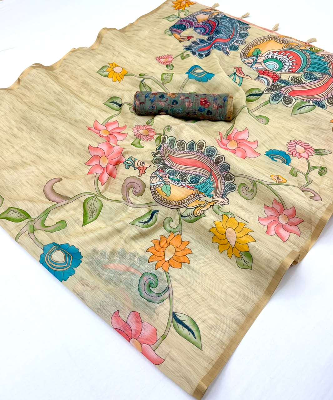 Kazari Series Chanderi Chanderi linen soft fabric with beautiful Kalamkari concept on saree wholesale in surat Kazari Series Chanderi Chanderi linen soft fabric with beautiful Kalamkari concept on saree wholesale in surat